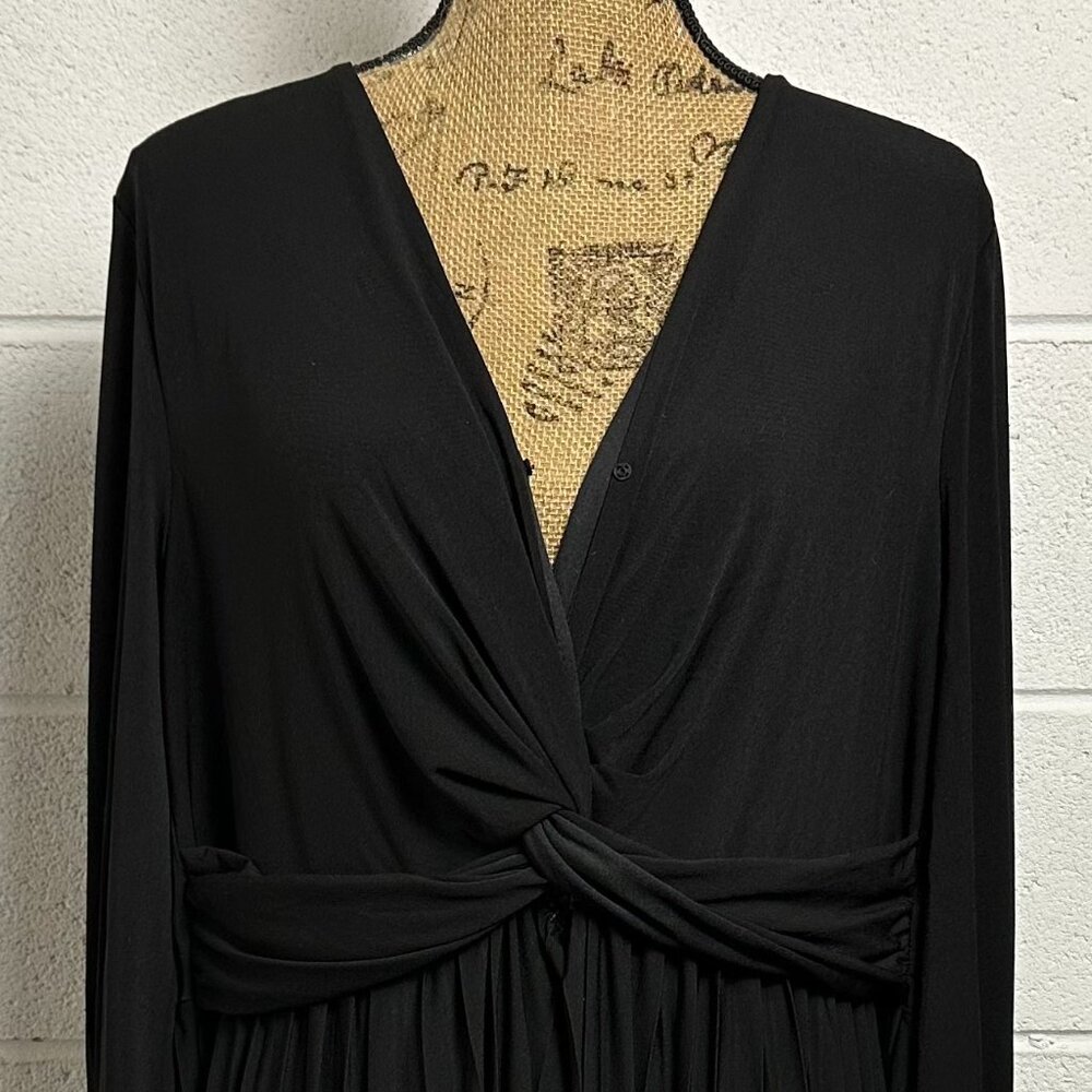 Eloquii Dress Womens 18 Black Long Sleeve Knot Waist Maxi V Neck Pleated Formal